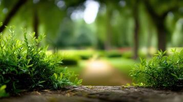 A lush green park with a path leading through it photo