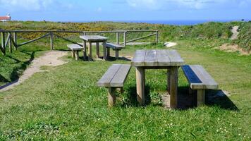 Wooden picnic tables and benches are set in a grassy open field under a bright blue sky, with a rustic wooden fence and a scenic coastal view in the background photo