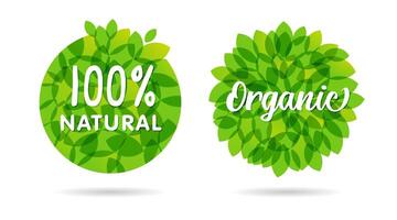 Set of round green labels with transparent leaves and white backdrop. vector