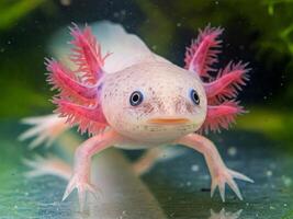 Close-up view of a pink axolotl swimming in a freshwater aquarium photo