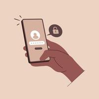 Secure Login Interface on Mobile concept illustration. Hand holding a smartphone displaying a login screen vector