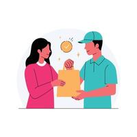 successful delivery interaction between a friendly courier and a satisfied customer vector