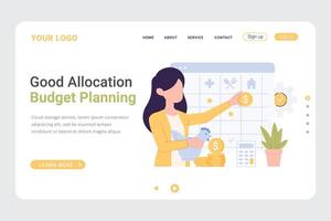 Landing page design template for financial budget planning service. Easy to edit and customize vector