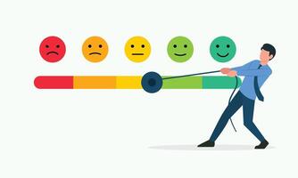 Customer feedback giving rating based on experience. man trying to pull customer feedback vector