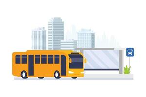 Empty bus stop with city skyline background. Bus stop public transport in flat illustration vector