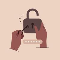 Hands using a key to unlock a padlock, accompanied by a password input field symbolized by asterisks vector