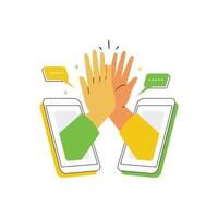 Virtual High Five Through Connection. Two hands giving a high five through smartphone screens vector