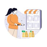 Woman grocery shopping with cart illustration vector