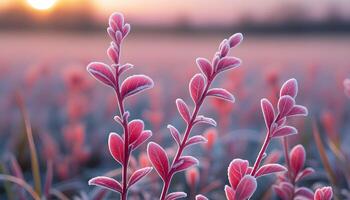 Closeup of pink frostcovered leaves in meadow with sunrise background showing nature beauty and winter stillness photo