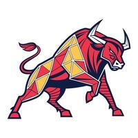 Red and yellow geometricstyle bull in an aggressive pose isolated on white background vector
