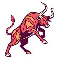 Red and yellow retro geometricstyle bull in an aggressive pose isolated on white background vector