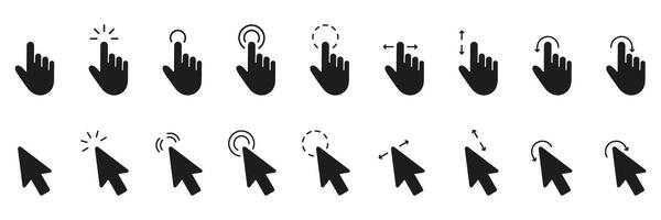 Hand Gesture And Cursor Click Solid Icon Set. Finger Tap And Mouse Pointer Silhouette Symbol Collection. Isolated Illustration vector