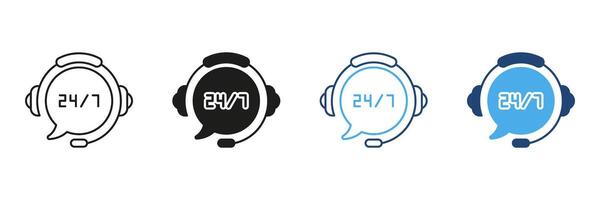 24 7 Customer Support Headset Icon Set. Round-The-Clock Service And Assistance Outline And Silhouette Symbol Collection. Call Center And Help Desk Communication. Isolated Illustration vector