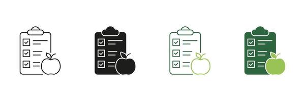 Diet Planning Checklist With Apple Line and Silhouette Icon Set. Healthy Food And Nutrition Concept, Wellness And Diet Design. Nutritious Food Choices. Isolated Illustration vector
