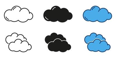 Cloud weather symbols line and solid icon set. Various cloudy shapes, including sunshine and rain elements, ideal for weather apps and forecasts. Isolated illustration vector