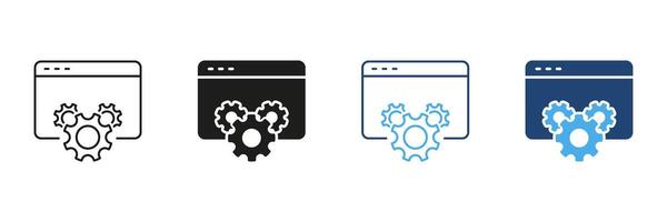 Web Browser With Gears Icon Set. Website Optimization, Configuration, And Development Symbol Collection. Software Engineering And System Management. Isolated Illustration vector