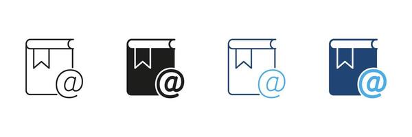 Book With At Symbol Icon Set. Digital Address Book, Email Directory, And Contact Management Outline And Silhouette Symbol Collection. Communication And Networking. Isolated Illustration vector