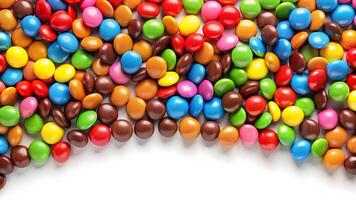 Wide border of colorful coated chocolate candies on white background. 3D Rendering .jpg photo