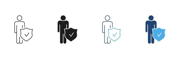 Man with Shield and Checkmark Line and Silhouette Icon Set. Security and Protection Symbol. Editable Stroke. Isolated Illustration vector