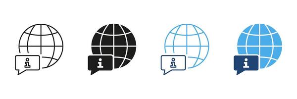 Globe With Information Speech Bubble Icon Set. Global Communication, Information Sharing, And Worldwide Connectivity Outline And Silhouette Symbol Collection. Isolated Illustration vector