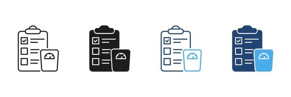 Weight Management Plan Line and Solid Icon Set. Checklist with Scale Representing Health Tracking Symbol Collection. Diet Plan Icon. Isolated Illustration vector
