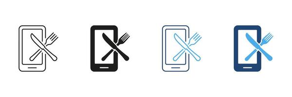 Mobile App For And Diet Tracking Line and Silhouette Icon Set. Fork And Knife Icon with Smartphone For Wellness And Fitness Apps. Healthy Food and Nutrition. Isolated Illustration vector