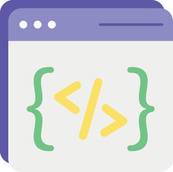 un plano icono de un computadora pantalla con un código símbolo vector