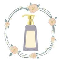 A bottle of hand soap with a flower wreath vector