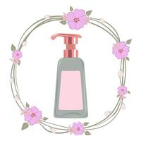 A bottle of hand soap with pink flowers in a wreath vector