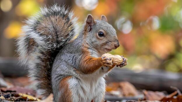 A squirrel holding a peanut in its paws, with a bushy tail and blurred autumn foliage background photo