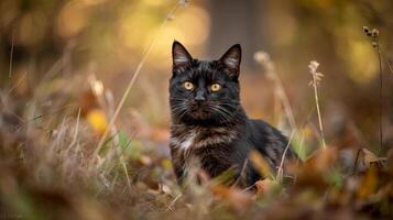 A sleek black cat with striking yellow eyes sits amidst autumn foliage in a soft, natural setting photo