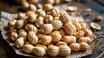 A close up shot of a pile of peanuts in their shells on a piece of parchment paper on a wood table photo