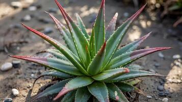 A close up shot of a vibrant green aloe plant with red tipped leaves growing in a sandy environment photo