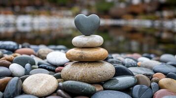A balanced stack of smooth stones topped with a heart shaped stone against a blurred background outdoors photo