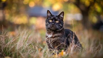 A dark tabby cat with yellow eyes sitting in tall grass with a blurred background of fall colors photo
