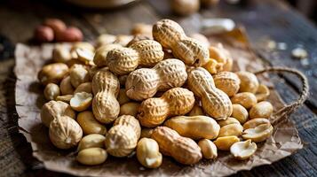 A rustic display of peanuts in shells and shelled on brown paper on a dark wooden surface photo