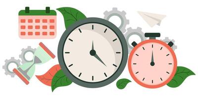 A clock and other items are shown in a flat design vector