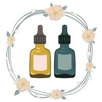 Two bottles of essential oils in a wreath vector