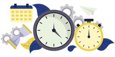 A clock and other items are surrounded by leaves vector