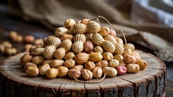 A pile of peanuts in shells stacked on a wooden surface with a burlap background in soft lighting photo