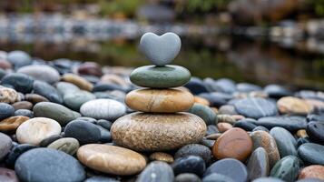 A stack of smooth river stones with a heart shaped stone on top, surrounded by other river stones photo