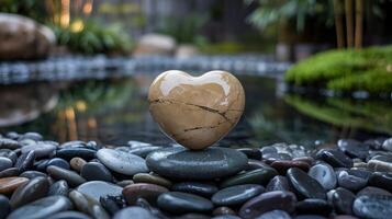 A heart shaped stone balanced on pebbles near water with greenery in the background outdoors photo
