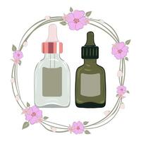 Two bottles of essential oils in a wreath of flowers vector