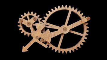 Looping animation of a mechanical construction made of wooden gears. Alpha Channel. Cyclic movement. Horizontal composition. video