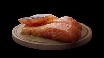 Looping animation around a composition of salmon lying on a wooden board. Loop motion. Alpha Channel. Close-up. video