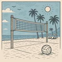 Beach Volleyball Net and Ball at the Beach with Palm Trees vector