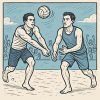 Men Playing Beach Volleyball with Cheering Crowd Watching Game Action vector