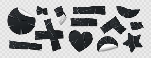 Set of glossy black duct tapes, adhesive tapes and sticky paper strips. Isolated elements in various shapes on background. Collection of realistic tape pieces for collages and creative designs. vector