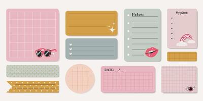 Set of paper notes, stickers, to do lists, diary pages, reminders, daily planner. Isolated sticky elements and reminders for scrapbooking, collages, and mood board in retro style. vector