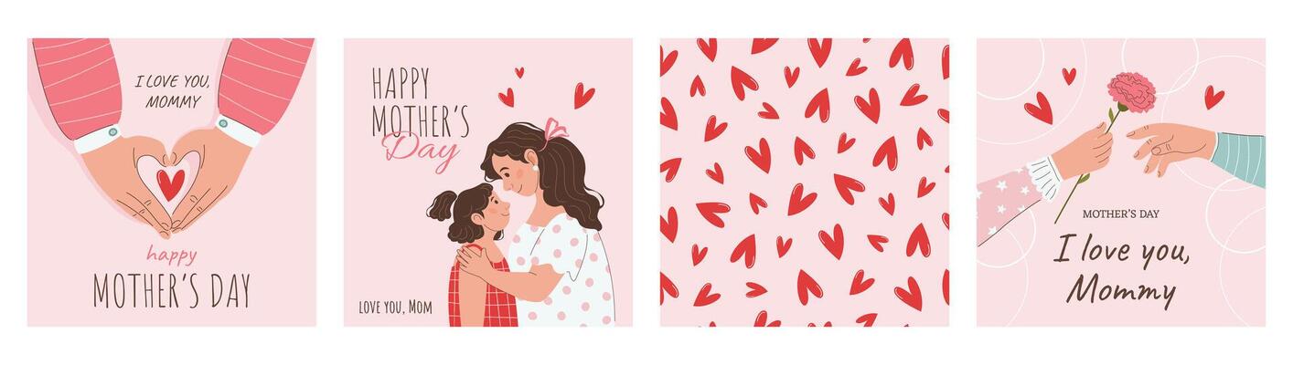 Set of festive square greeting cards, posters, social media posts. Happy Mother's Day concept. Mom and daughter, hands with hearts and carnation flower, pattern. Illustrations in flat style.